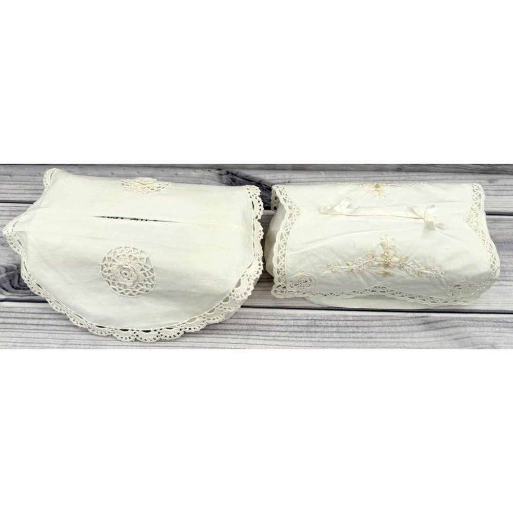 LOT OF 2 VINTAGE WHITE CROCHET EMBROIDERED COTTON KLEENEX TISSUE BOX COVER